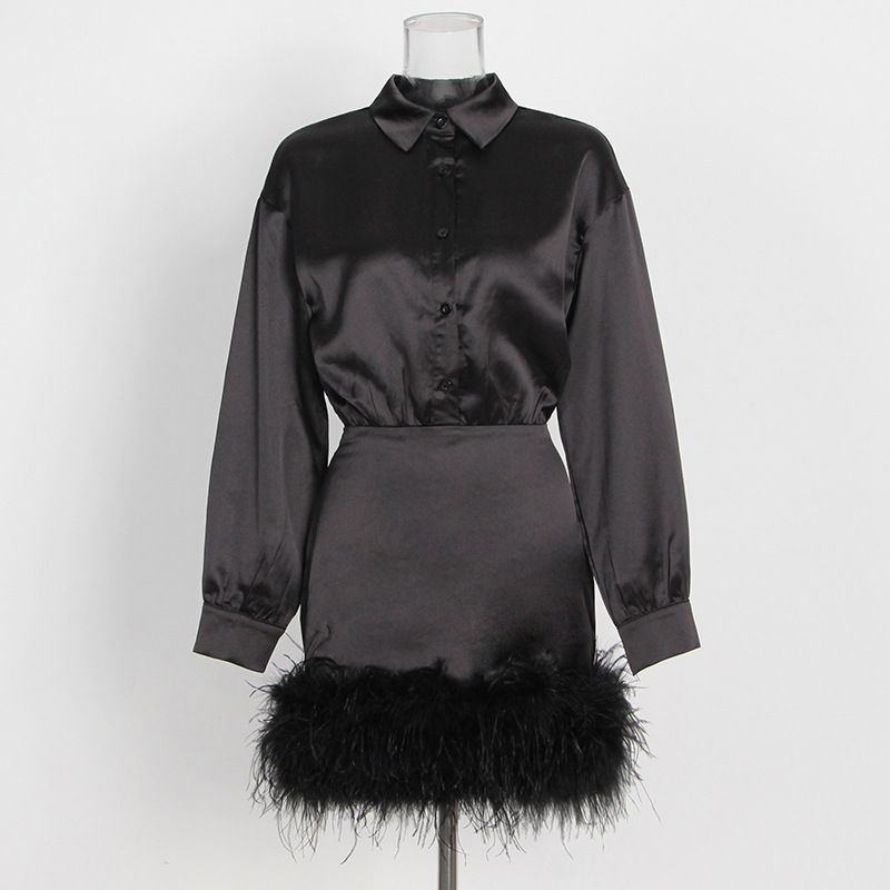 Vêtements pour femmes automne nouveau style décoration de plumes taille exquise satin à manches longues robe courte femme_voghion.com