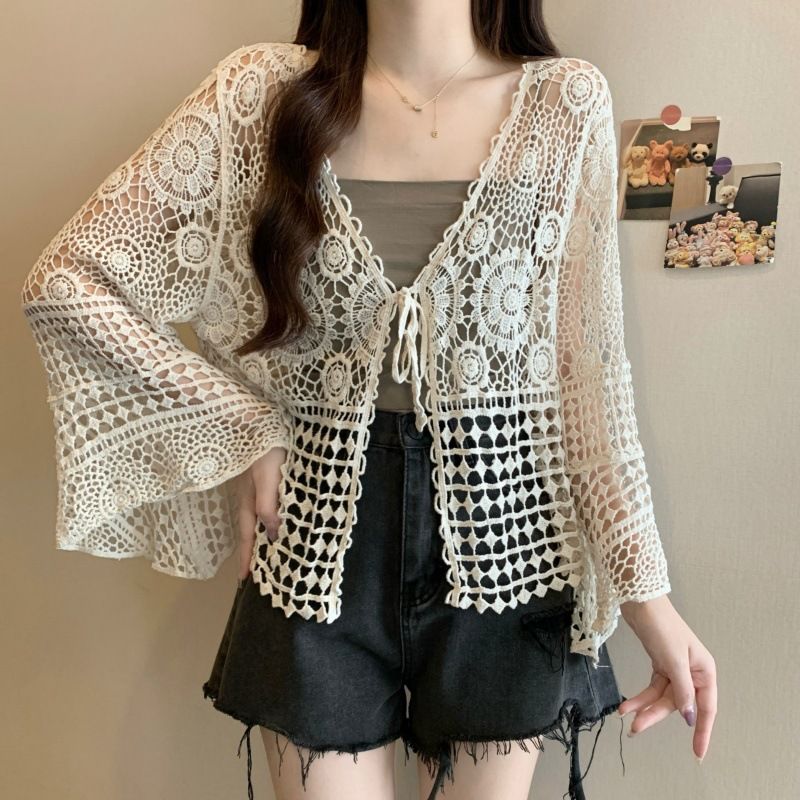 Cárdigan de punto de manga larga, corto y suave, con protección solar, holgado, adelgazante, para vacaciones en la playa_voghion.com