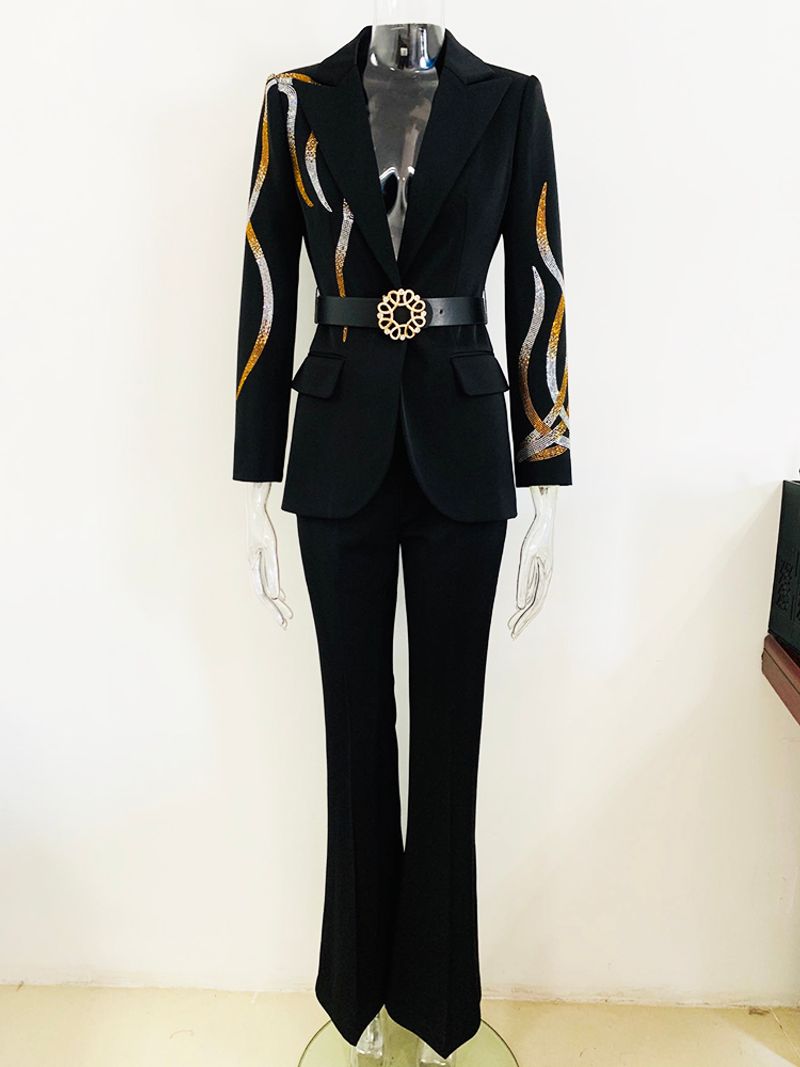 HIGH STREET Newest Fashion 2024 Designer Runway Suit Set Women's Colorful Diamonds Belted Blazer Flare Pants Suit 2pcs_voghion.com