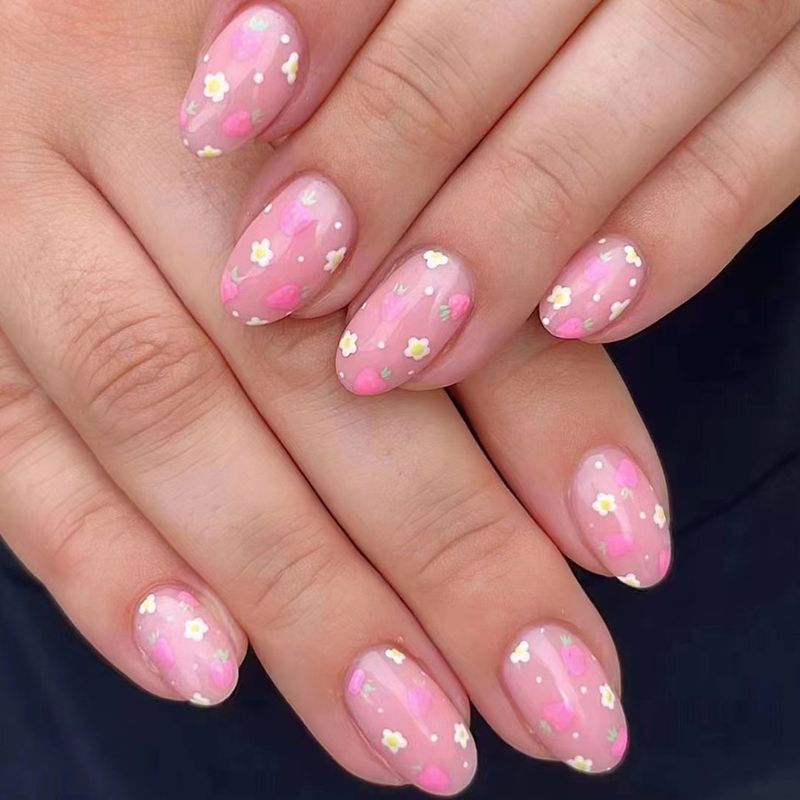 Breve ovale luminoso fiore bianco fragola fresco moda leggera polvere nail art patch Europa e Stati Uniti commercio estero 24 pezzi_voghion.com