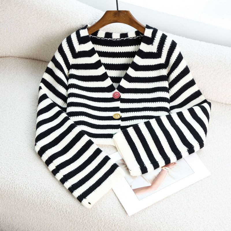 Vintage Gestreiftes Kurzes Top Damen Hong Kong Style Langarm Strickjacke mit V-Ausschnitt Strickpullover Jacke_voghion.com