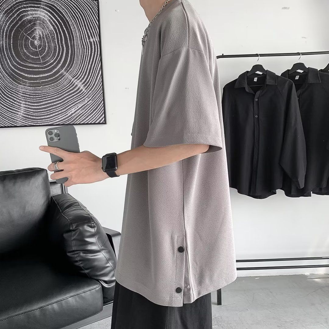 Trendy brand short T-shirt for men with irregular patchwork round neck design, fashionable split, solid color, half_voghion.com