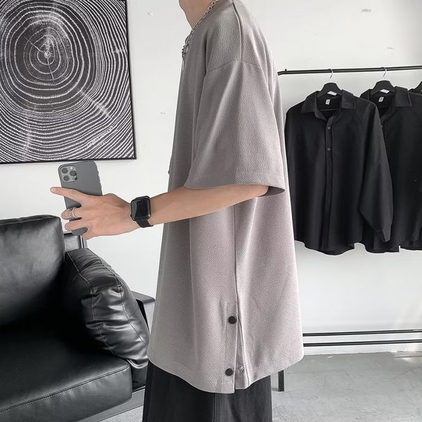 Trendy brand short T-shirt for men with irregular patchwork round neck design, fashionable split, solid color, half_voghion.com