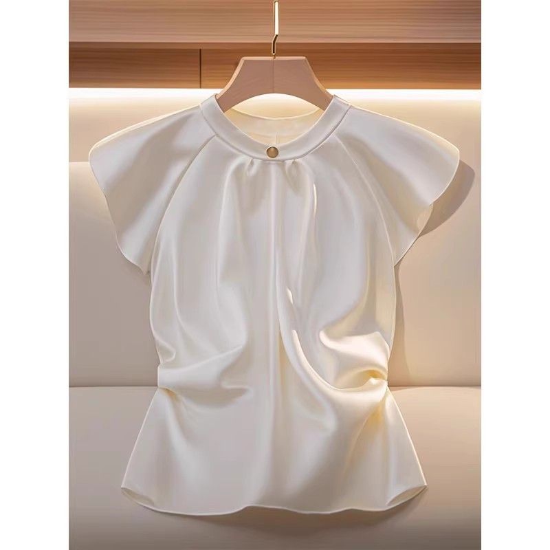 Dameskleding Populair Mooi Klein Shirt Licht Luxe High End Temperament Uniek Wit Kort Mouw Satijnen Top Vrouwelijk Herfst_voghion.com