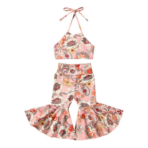 Kids' Clothing Girls Summer Halter Print Top Flared Pants Set_voghion.com
