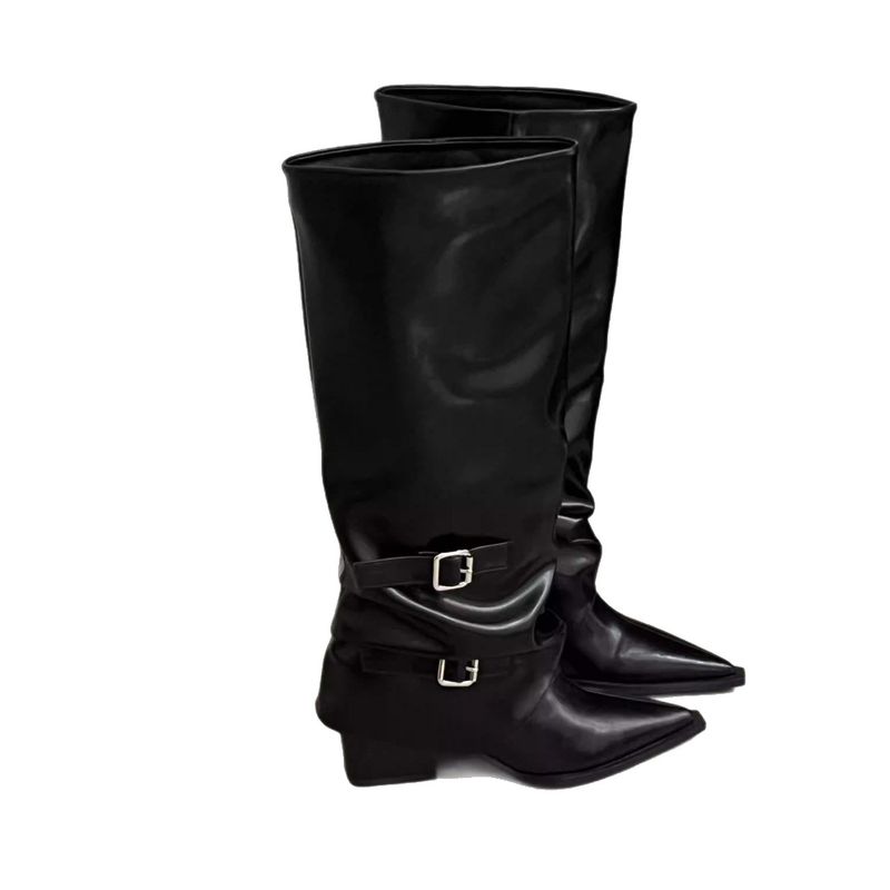 Square Heel Pointed Toe Brown Melad High Tube Riding For Women 2025 Spring Autumn Winter Trouser Long Boots_voghion.com