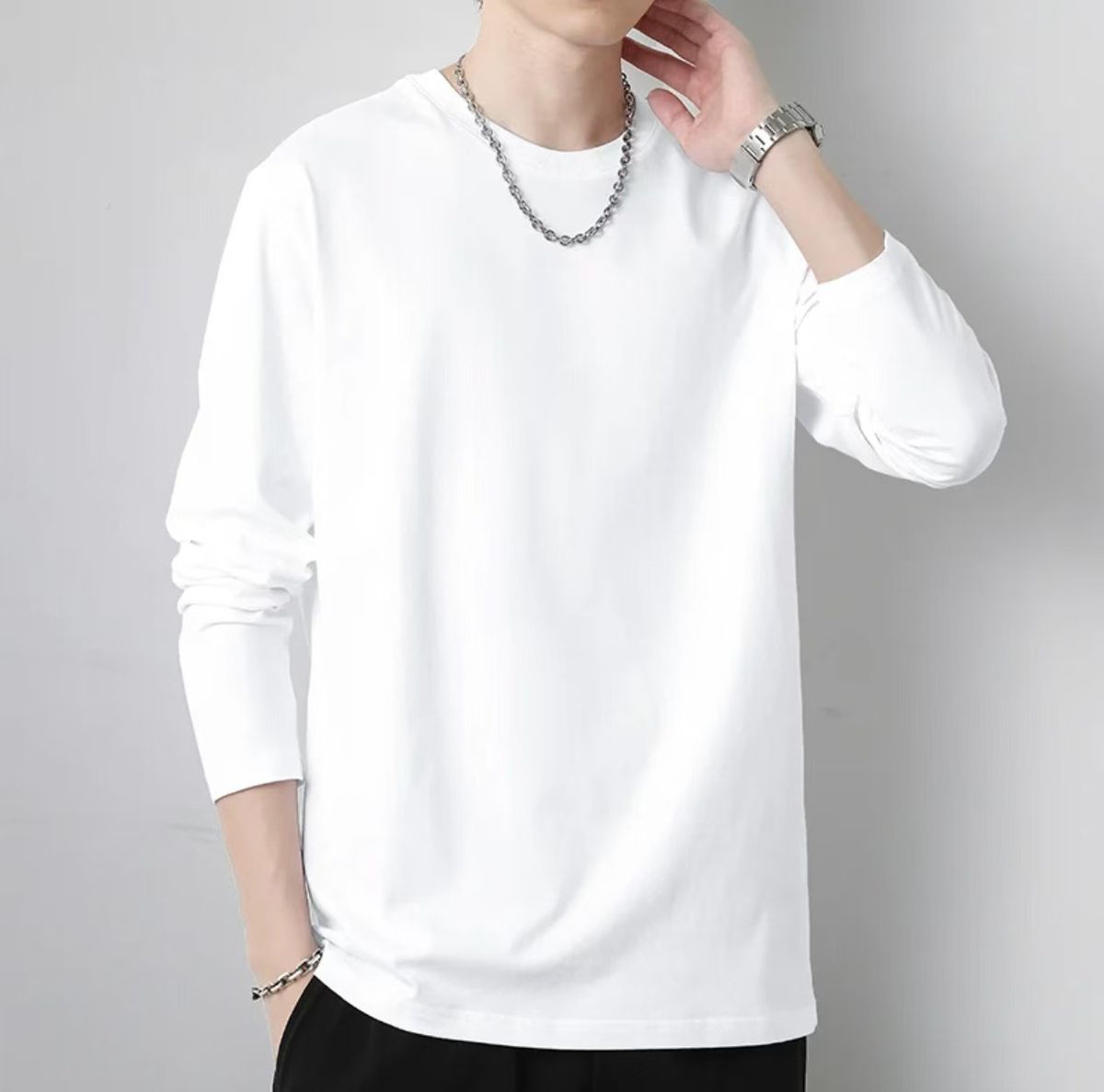 Maglietta da uomo a maniche lunghe in puro cotone pesante, nera e bianca, maglietta base per primavera e autunno, strato interno superiore, rotonda_voghion.com