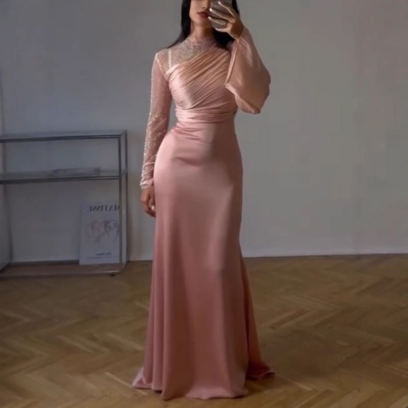 Women's Clothing Sexy Hip Wrapped Mesh Pleated Evening Dress_voghion.com
