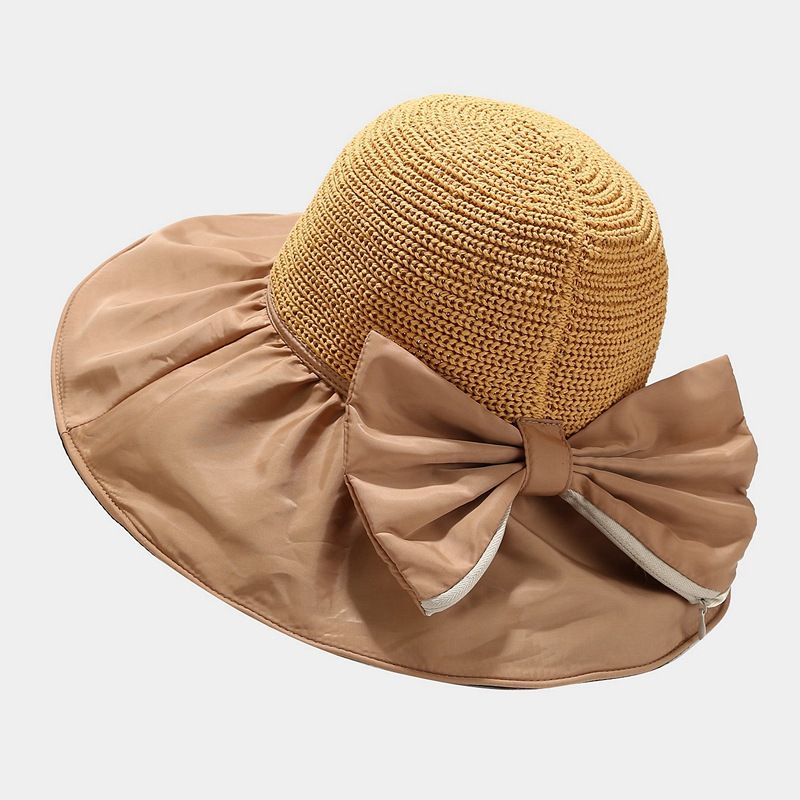 Hat women's summer bow can be stored straw visor UV protection vinyl big eaves bucket hat_voghion.com