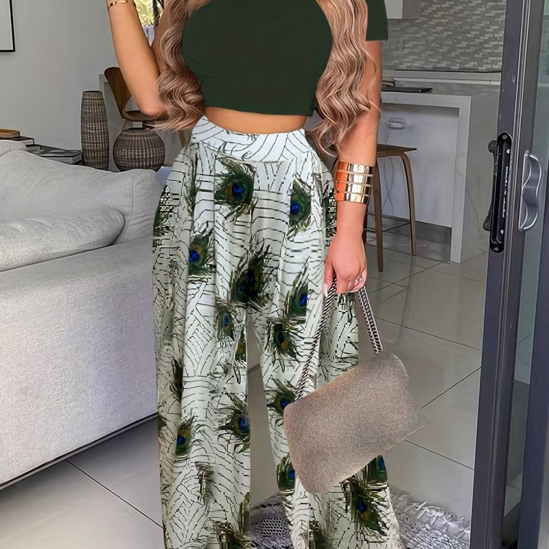 Set estivo Boho da due pezzi, maglietta a maniche corte tinta unita e pantaloni larghi a vita alta con stampa floreale, abbigliamento da donna_voghion.com