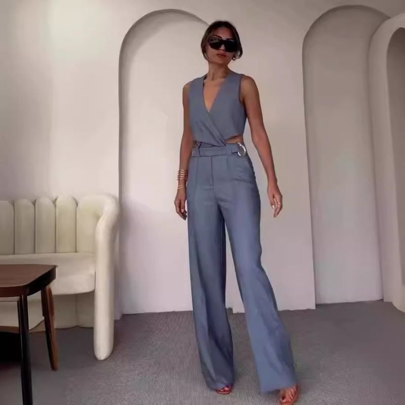 Damenbekleidung Kreuz schlanke ärmellose Weste hohe Taille weite Beinhose Hot Girl Anzug_voghion.com