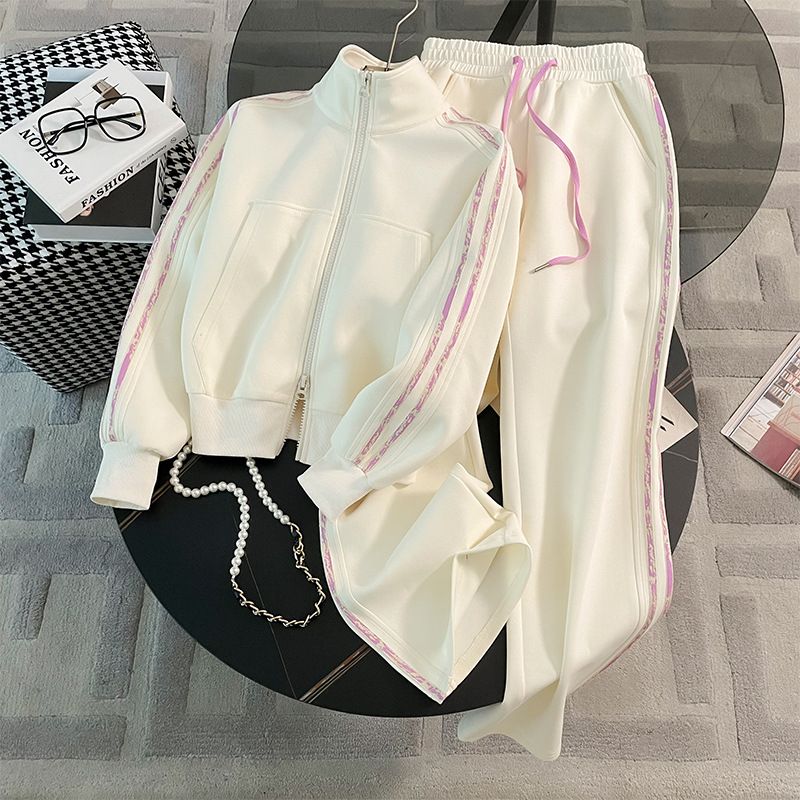 Damenbekleidung Lässiger Sportanzug für Damen, modisch und stilvoll, altersreduzierende Aprikosen-Cardigan-Jacke, Hose mit weitem Bein, zweiteiliger Anzug_voghion.com