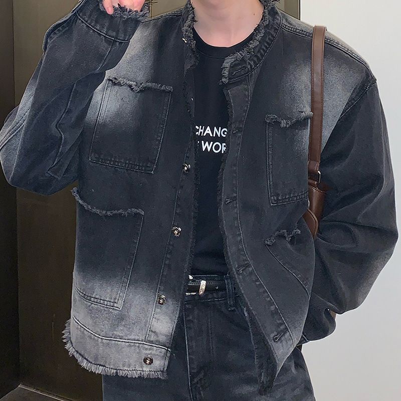 Distressed Raw Edge Denim Jacket For Men – Vintage Washed Loose Fit High Street Style, Retro Gradient Casual Coat_voghion.com