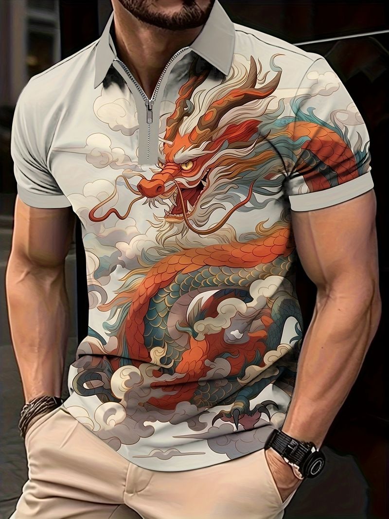 men's Summer Hot Selling Dragon Pattern 3D Printed Gradient Casual Zipper Short Sleeved Golf Polo Shirt_voghion.com