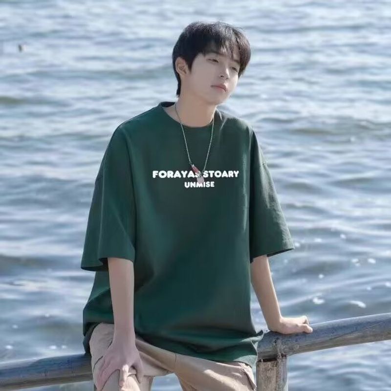 Short Sleeved T-shirt Men's Trendy Brand Summer Loose Five Quarter Sleeve Trendy Minimalist Printed Top_voghion.com