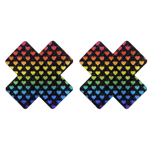 Damenbekleidung Schwarz Glitzer Regenbogen Vorsicht Brust Patch_voghion.com