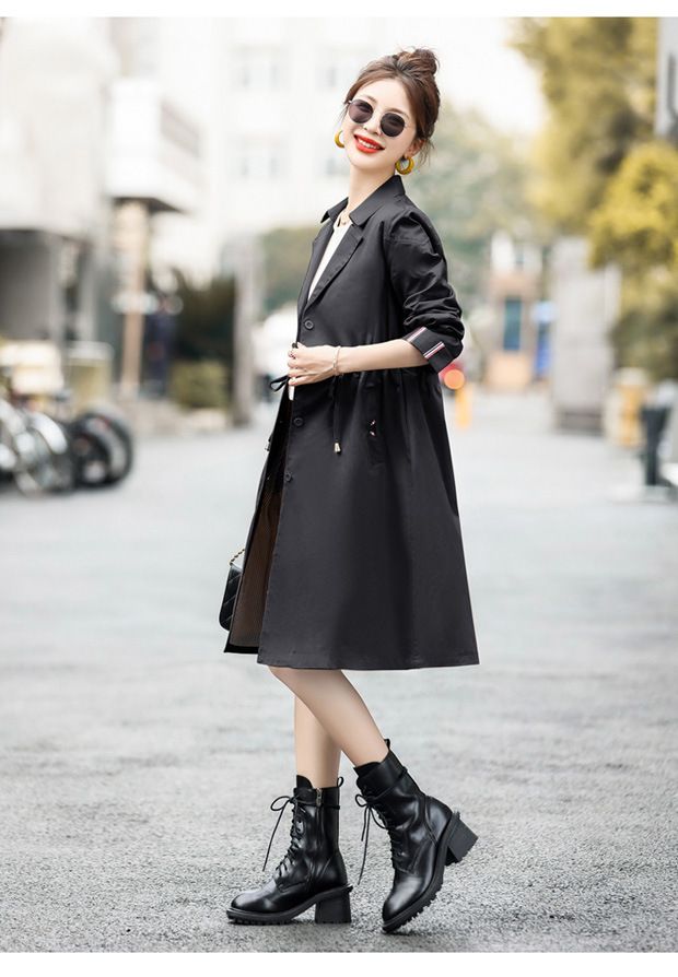 Eleganter Trenchcoat mit Gürtel, Kordelzug in der Taille und kontrastierenden Bündchen – Langärmliger einreihiger Mantel für Damen (Khaki/Schwarz/Rot)_voghion.com