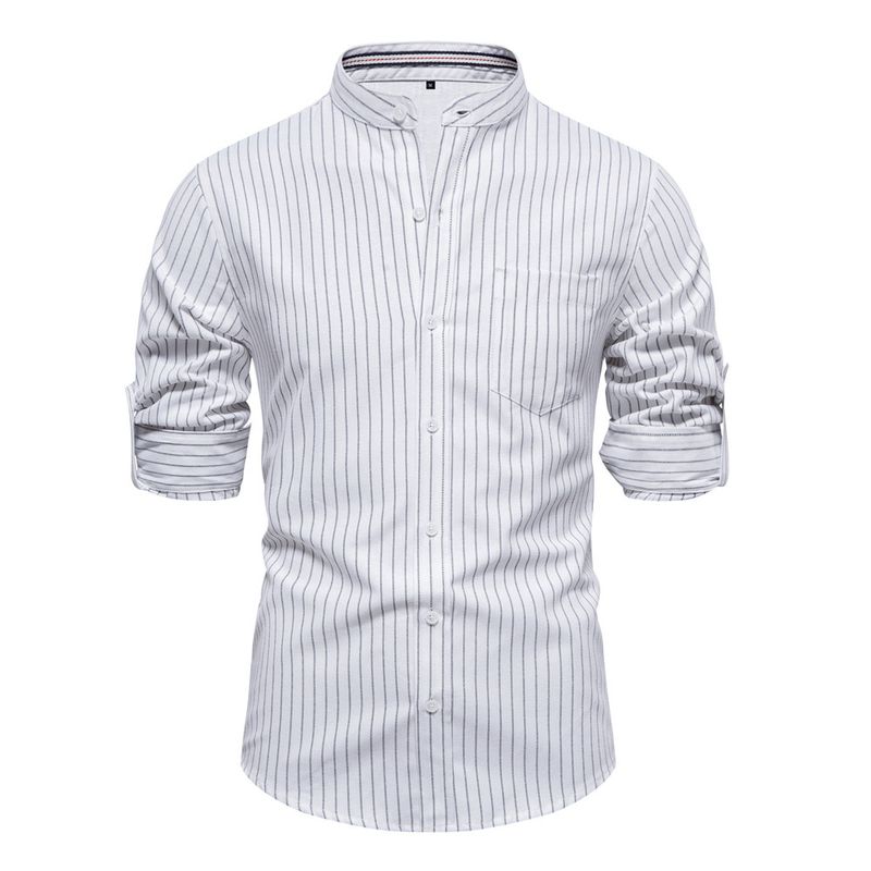 Chemise à col montant slim fit pour homme, chemise décontractée en coton et lin à manches longues et rayures pour homme_voghion.com