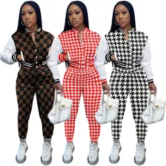 Damenmode-Freizeitanzug, bedrucktes Patchwork-Langarm-Baseballjacke-Zweiteiler-Set