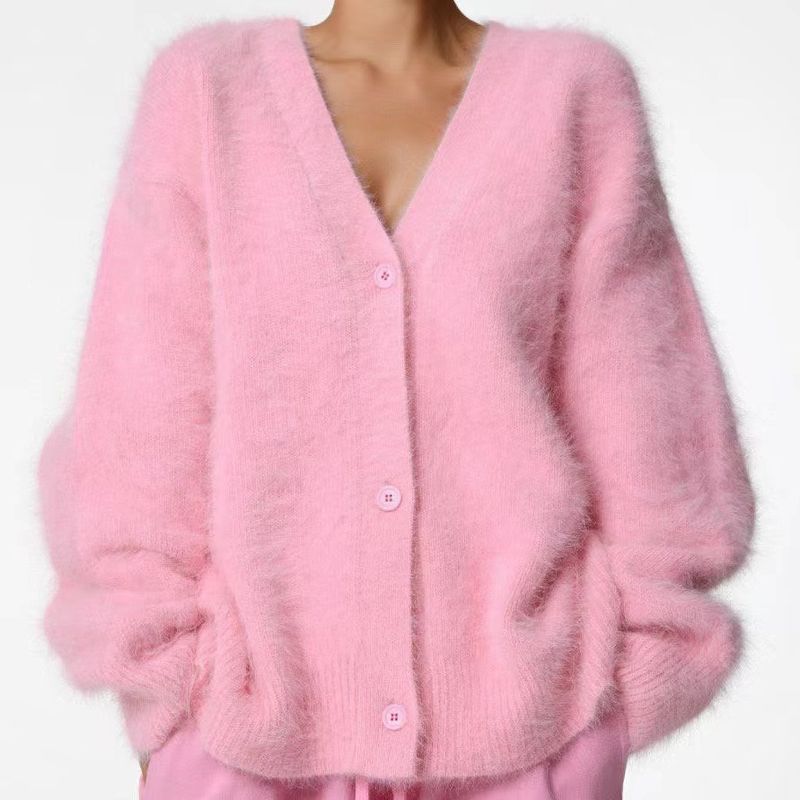 ​​Women's Faux Mink Knit Cardigan Soft Fluffy Oversized V-Neck Long Sleeve Casual Loungewear Top​​_voghion.com