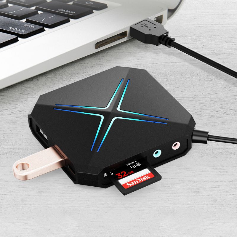 Concentrador USB 3.0 de 6 puertos con lector de tarjetas TF, SD, micrófono, AUX, RGB, divisor para ordenador, cable de 1 m para ordenador de escritorio y portátil._voghion.com