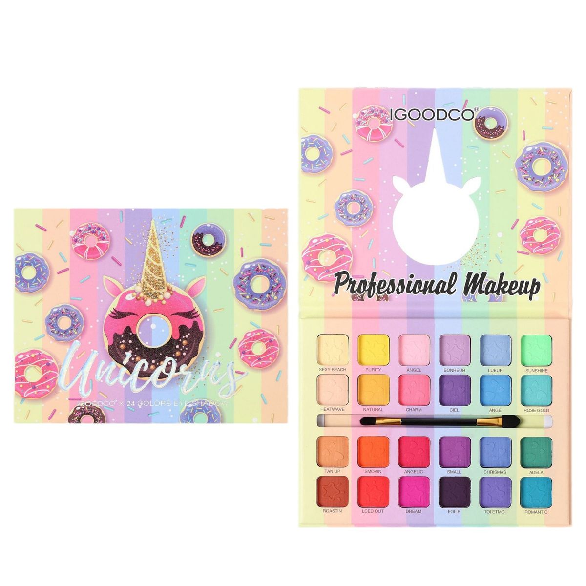 Ombretto con motivo a ciambella, palette di 24 ombretti colorati con pennello per trucco opaco e perlato._voghion.com