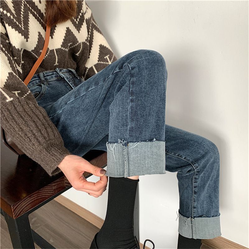 Autumn new jeans for women, Korean version, high waist, slim figure, loose straight wide leg pants ins_voghion.com