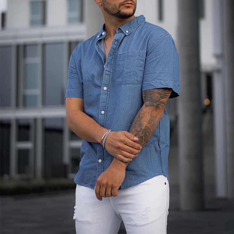 Herrenbekleidung Einfarbiges Jeanshemd Kurzärmeliges T-Shirt Lässiges lockeres T-Shirt_voghion.com