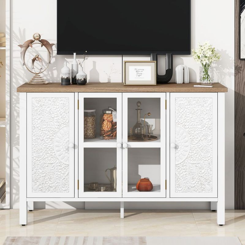 U-Can 47.2'' Retro TV Stand For TVs Up To 43 Inches, Entertainment Center Media Console Cabinet With 3 Spacious Cabinets, Glass Cabinet Doors And An_voghion.com