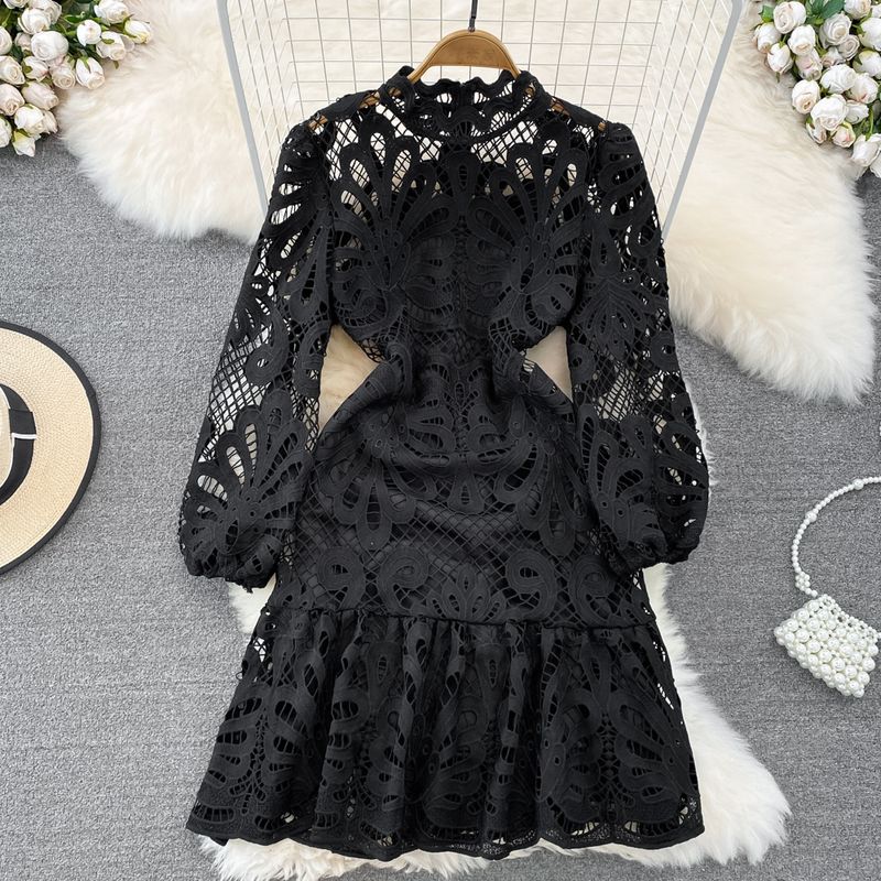 Damen Retro Palast-Stil Stehkragen Puffärmel Taille schlank machendes A-Linien-Kleid mit Rüschen Häkeln Hohl Wasserlösliche Spitze_voghion.com