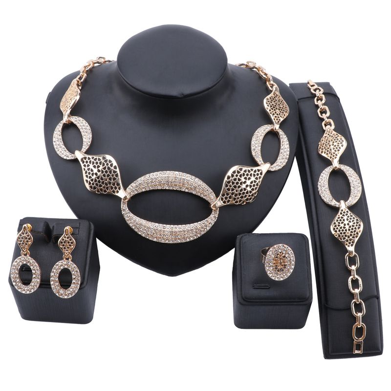 Women Gold Bridal Rhinestone Pendant Collar Necklace Bracelet Crystal Earrings Rings Wedding Accessories Jewelry Sets_voghion.com