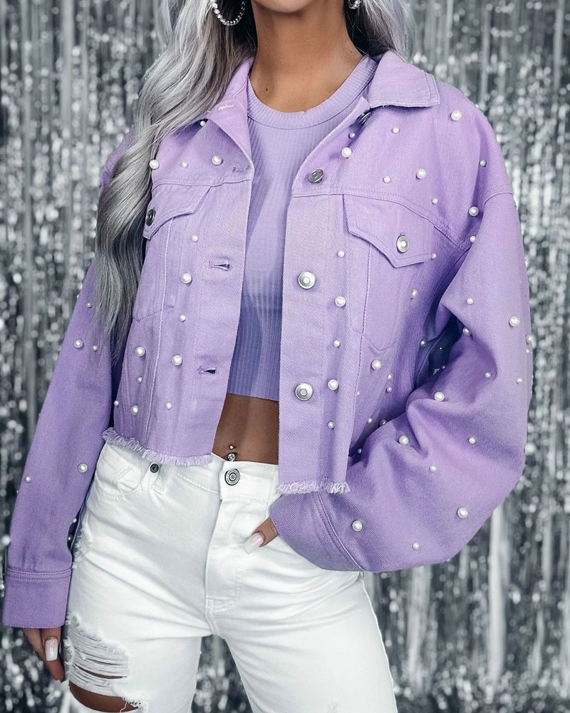 Vêtements pour femmes printemps et automne nouvelle couleur bonbon lâche rue perlée courte veste en jean femme_voghion.com