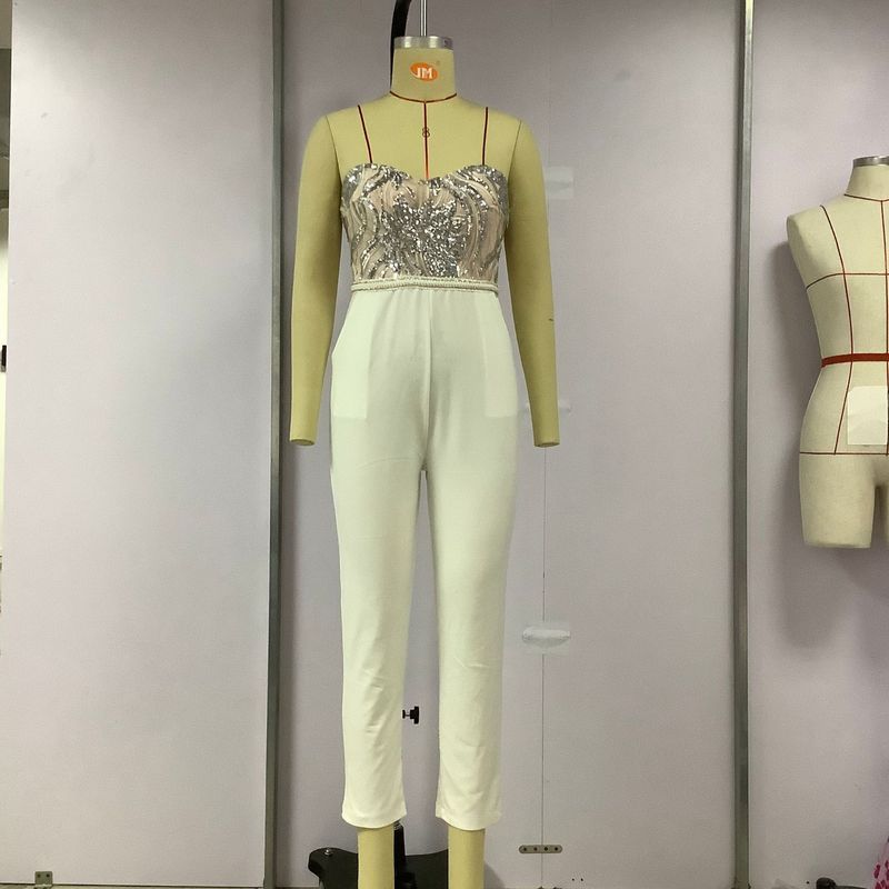 Women's sexy backless jumpsuit Hepburn style tube top solid color sequin dress_voghion.com