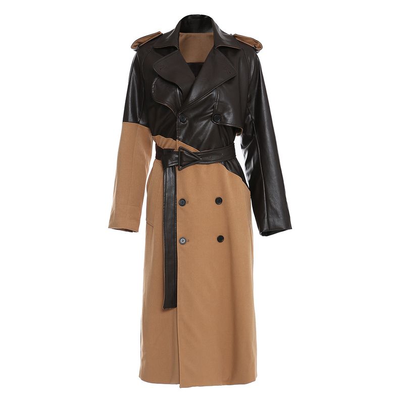 Women's Clothing Spliced Leather Trench Coat Women's Long Style Temperament Over Knee Lace up Waist Khaki Color Splicing Temperament 1396_voghion.com