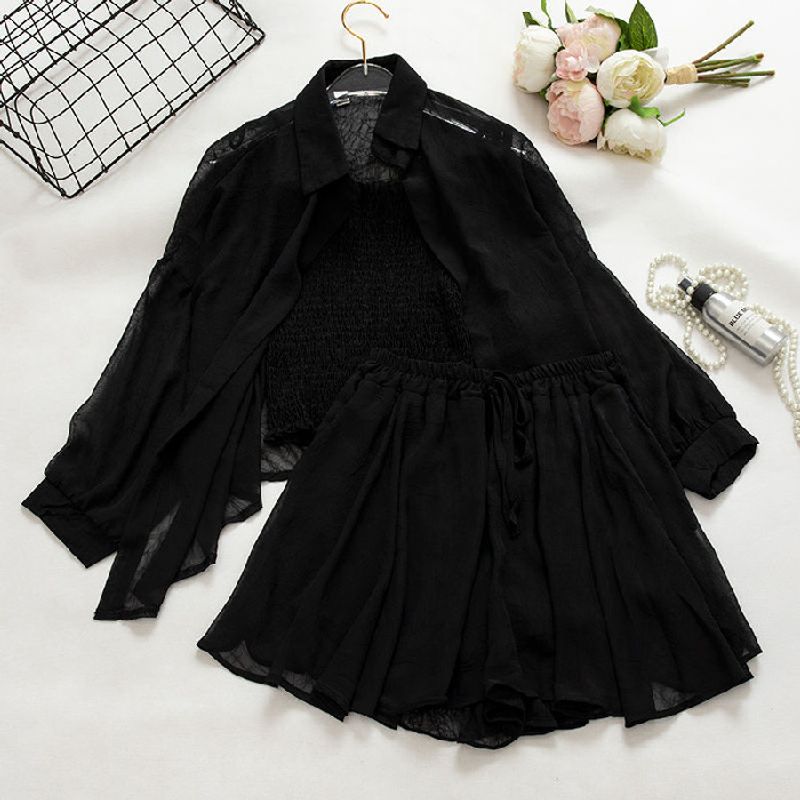 [Cotone e lino] Completo da donna, completo/abito alla moda, completo da donna primaverile ed estivo, completo da tre pezzi, top con bretelle, giacca in chiffon con protezione solare._voghion.com