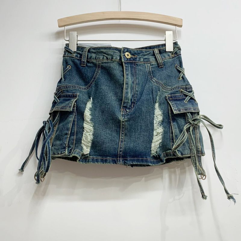 Sommer Neue Amerikanischen Stil Seite Tasche Krawatte Loch Denim Minirock Niedrige Taille Hüfte Hot Girl Outfit Trend_voghion.com