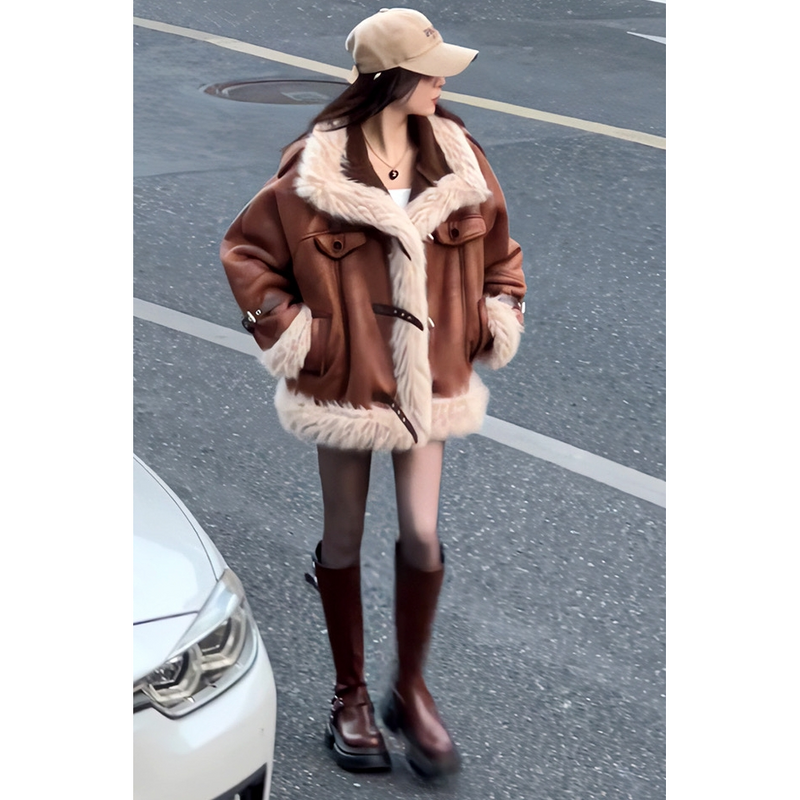 Cappotto in pelle di pecora in stile americano per donna, giacca da motociclista invernale in pelle scamosciata spessa foderata in pile, design di alta qualità_voghion.com