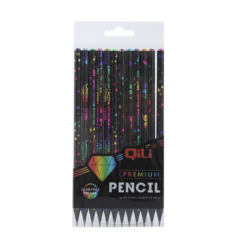12-Pack Glitter Diamond Black Wood Pencils HB For Kids - Colorful Cartoon Printed School Supplies_voghion.com