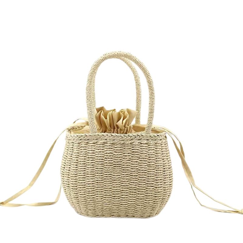 Borsa a mano in paglia intrecciata con piccolo rigonfiamento in stile rurale, tendenza transfrontaliera, borsa a pieghe con coulisse, cestino di fiori e bocca_voghion.com