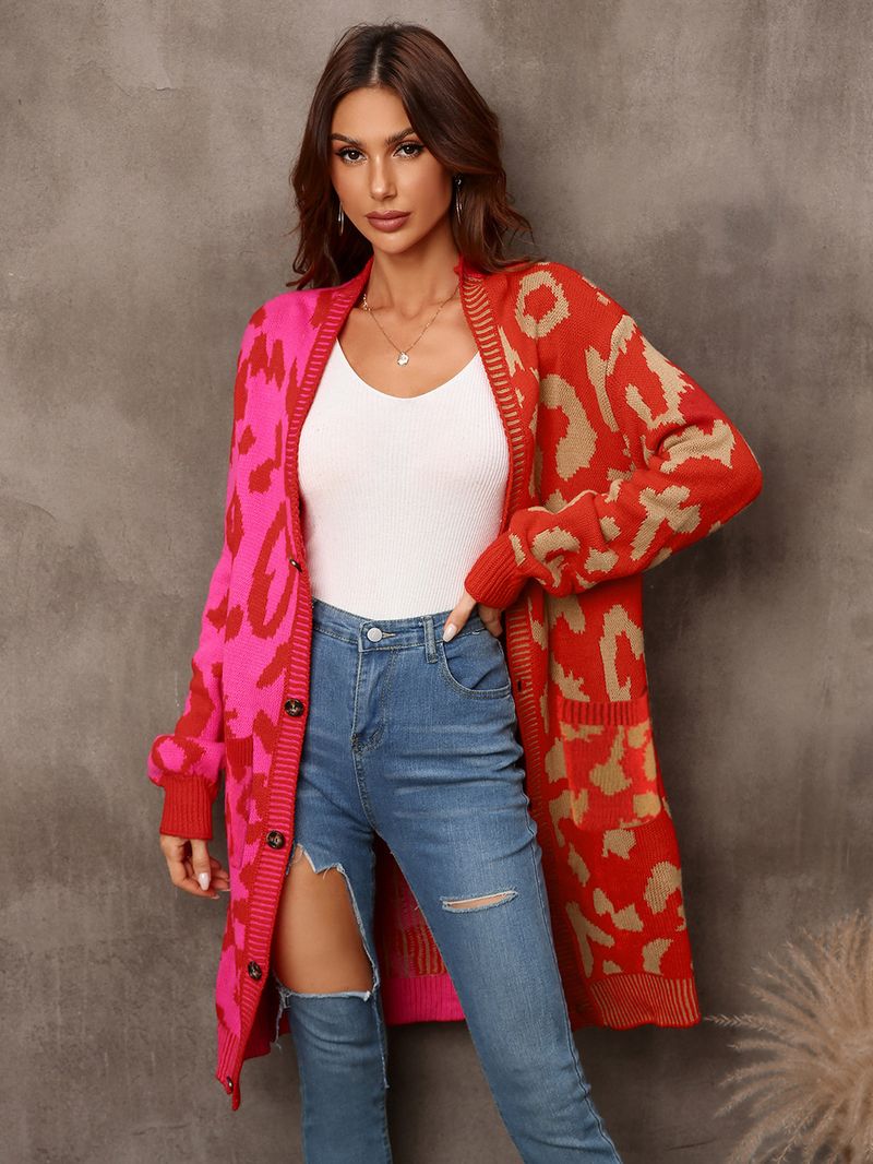 Women's sweaters leopard print stitching sweaters sweaters cardigans mid-length coats for women_voghion.com