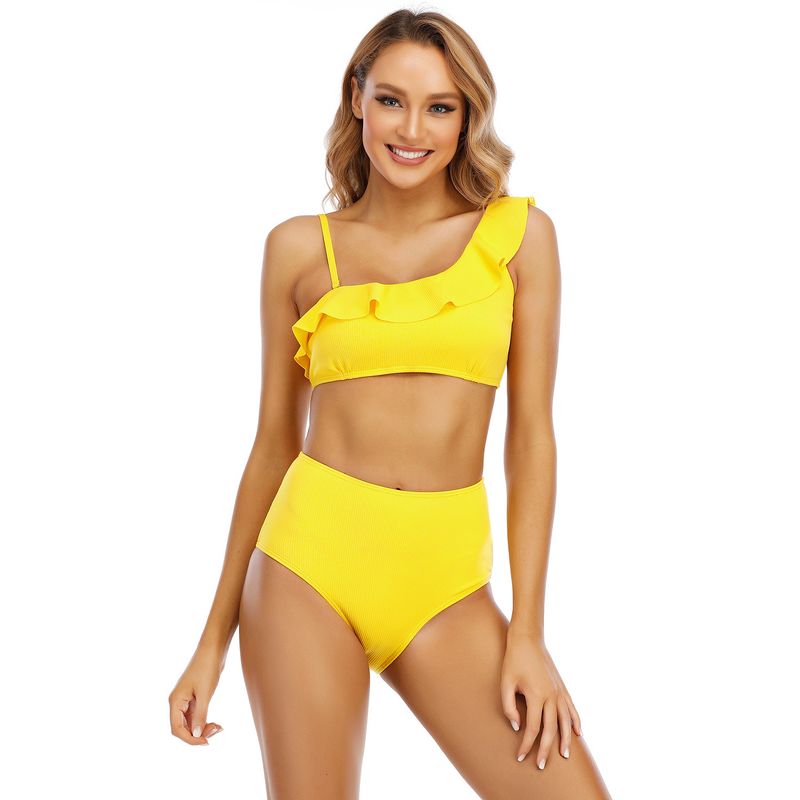 2025 New Sexy Swimsuit Ruffle One-Shoulder Strap Two-Piece High-Waisted Bikini_voghion.com