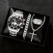 Ανδρικά ρολόγια Ανδρική μόδα ατσάλινη μπάντα Casual Business Calendar Ρολόι χαλαζία Σετ βραχιόλι με κολιέ δαχτυλίδι σταυρός_voghion.com