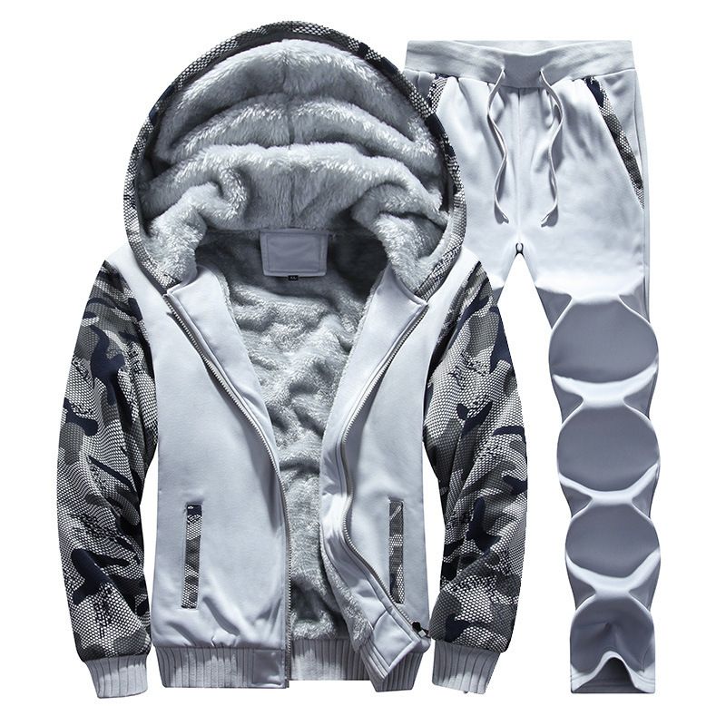 Men's Clothing Autumn and winter men's velvet sports and leisure suits men's camouflage fashion hooded thickened warm sweatshirt two-piece set_voghion.com