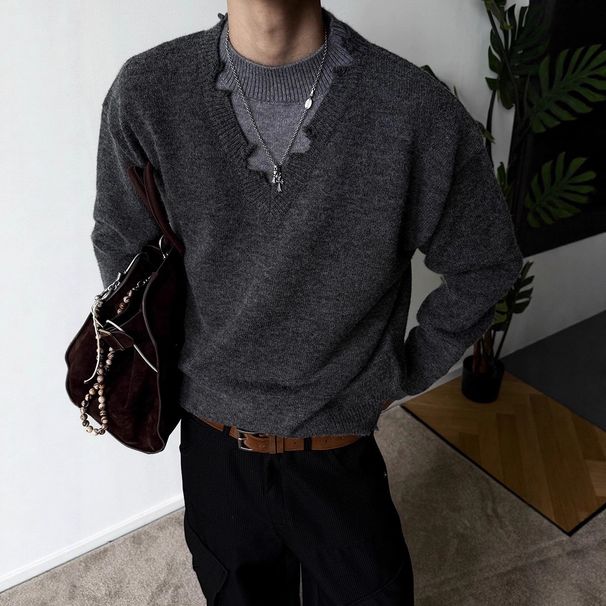 Suéter de malha com inspiração vintage – pulôver de gola falsa em camadas (M/G/GG/2GG/3GG, estética de dinheiro antigo, mistura de lã, resistente a rugas)_voghion.com