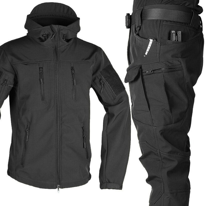 Cross-Border Soft Shell Set For Men Outdoor Fleece-Lined Warm Waterproof Wear-Resistant Hiking Training Military Fan_voghion.com