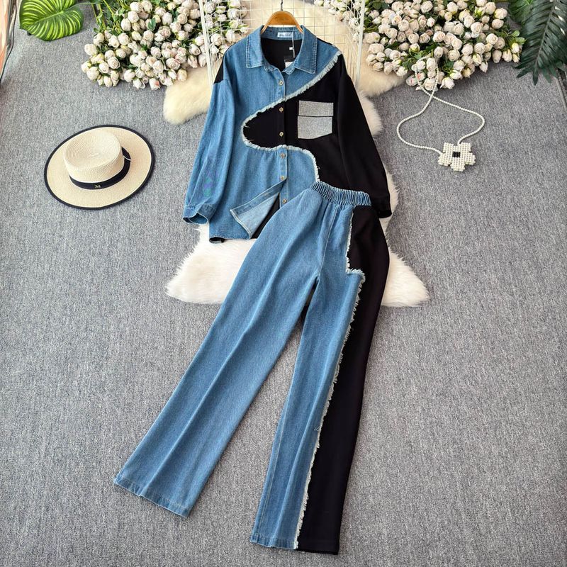 Naisten vaatesuunnittelija Lapel Patchwork Denim paita pitkähihainen yläpuku naisille korkea vyötärö ohuen värin yhteensopivia leveitä housuja kaksiosainen puku_voghion.com
