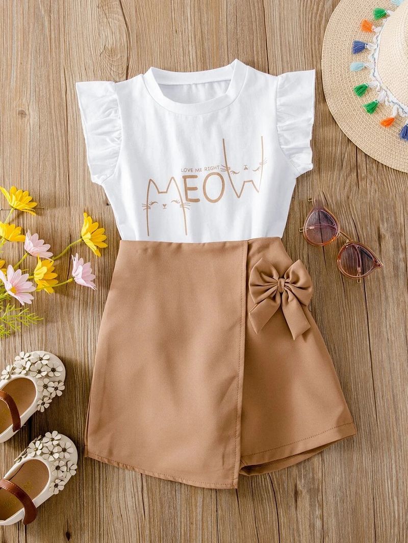 Mother&Kids Girls' three-color printed letter sleeveless top + bow shorts two-piece set_voghion.com