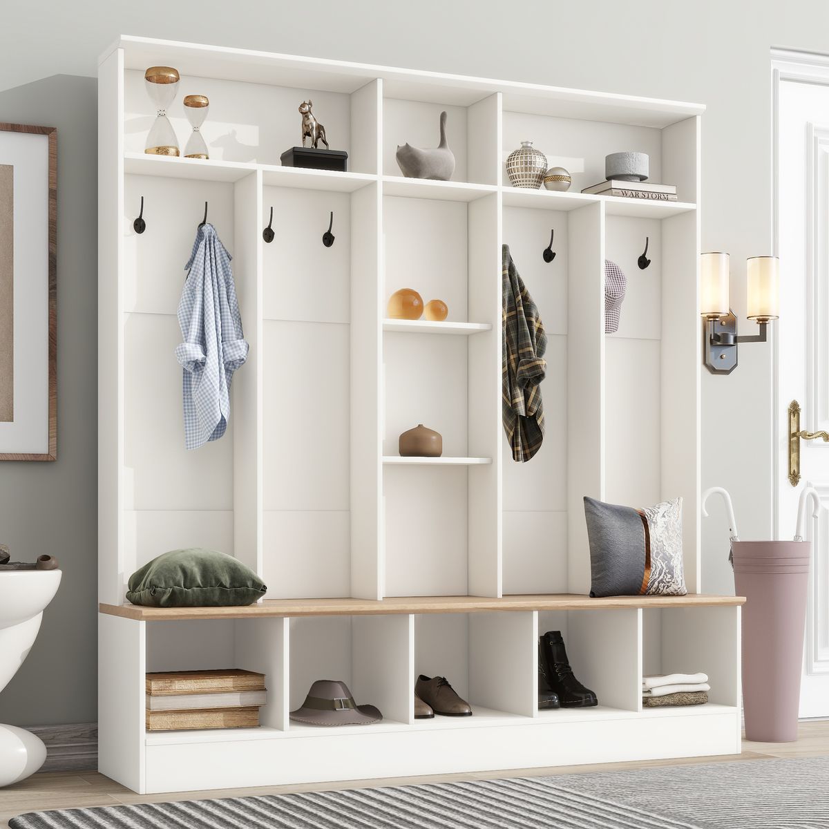 ON-TREND Wide Design Hall Tree With Storage Bench, Minimalist Shoe Cabinet With Cube Storage & Shelves, Multifunctional Coat Rack With 8 Hooks For Entryways, Mudroom, White (OLD SKU:SD000021AAK)_voghion.com