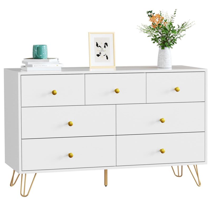 7 Drawer Dresser For Bedroom, Storage Cabinet With Golden Handles, Modern Closet Of Drawers For Living Room_voghion.com