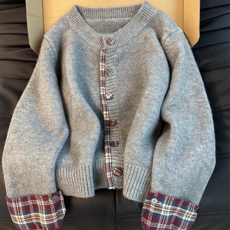 Cardigan ample en tricot pour femme – Pull à carreaux à col rond deux pièces pour des tenues d'automne décontractées_voghion.com